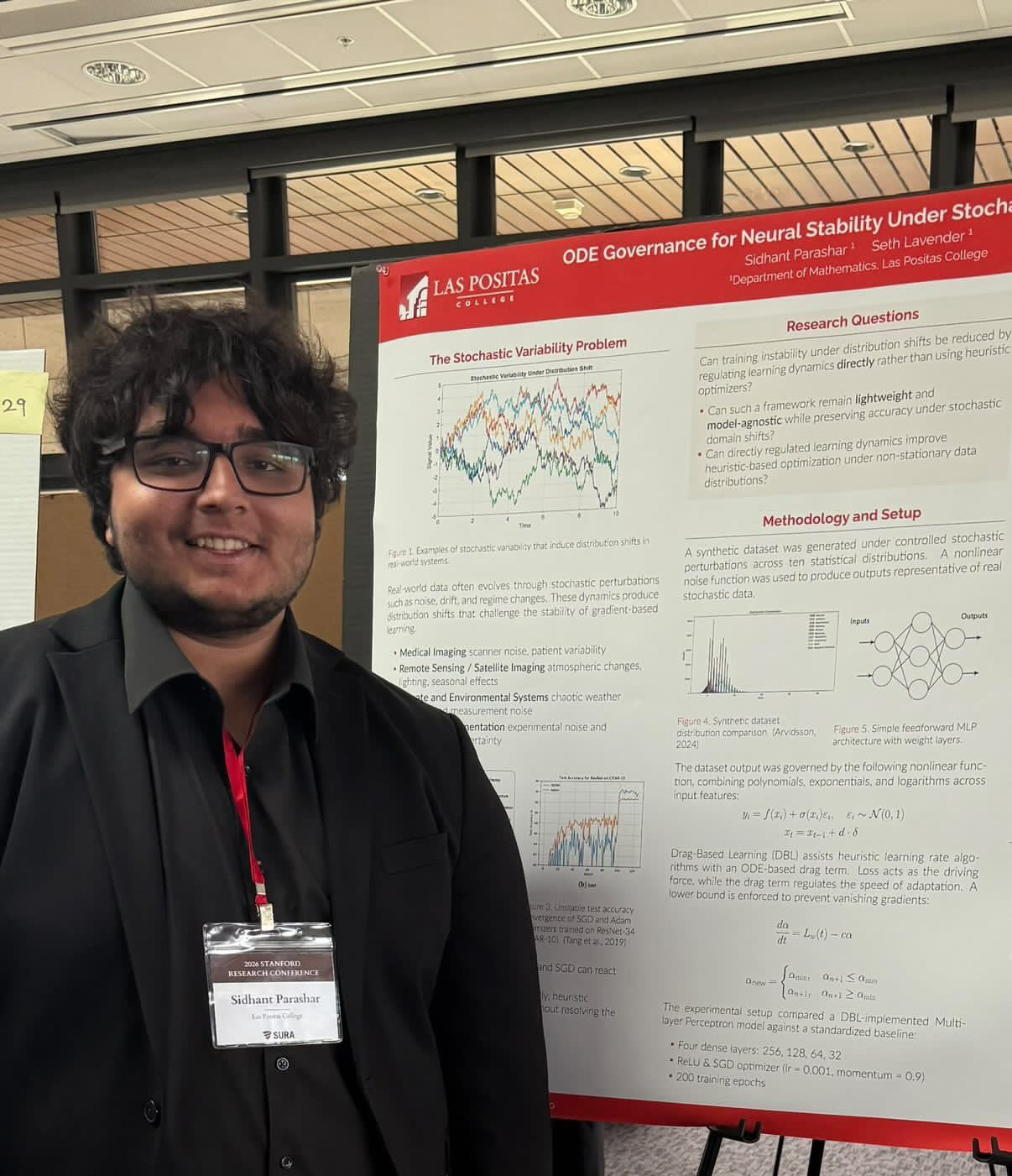 photo of Sid was presenting his research “ODE Governance for Neural Stability Under Stochastic Perturbation” as the only community college student at the Stanford Research Conference 2026
