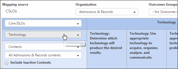 You can also just show one institutional outcome at a time by clicking the drop-down for All Categories and choosing one of the five ISLOs. 