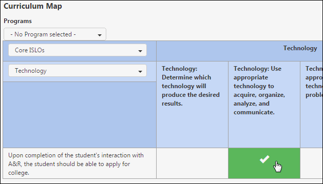 Clicking a box for an SAO will map it to the corresponding ISLO and one of its categories.