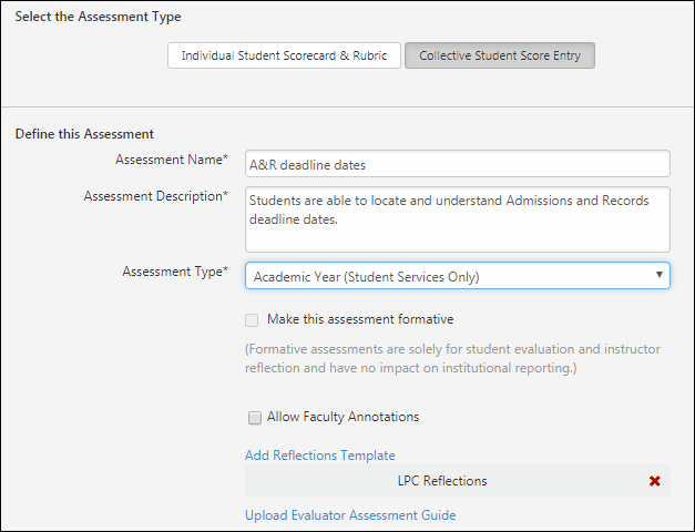 Add an assessment name, description, then choose an assessment type.