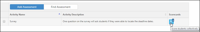 Make sure you are in the setting and semester you want to score. If not, select the semester from the drop-down list next to your name, and scroll to the setting. To the right of the assessment is an icon under the column called Scorecard. Click it.