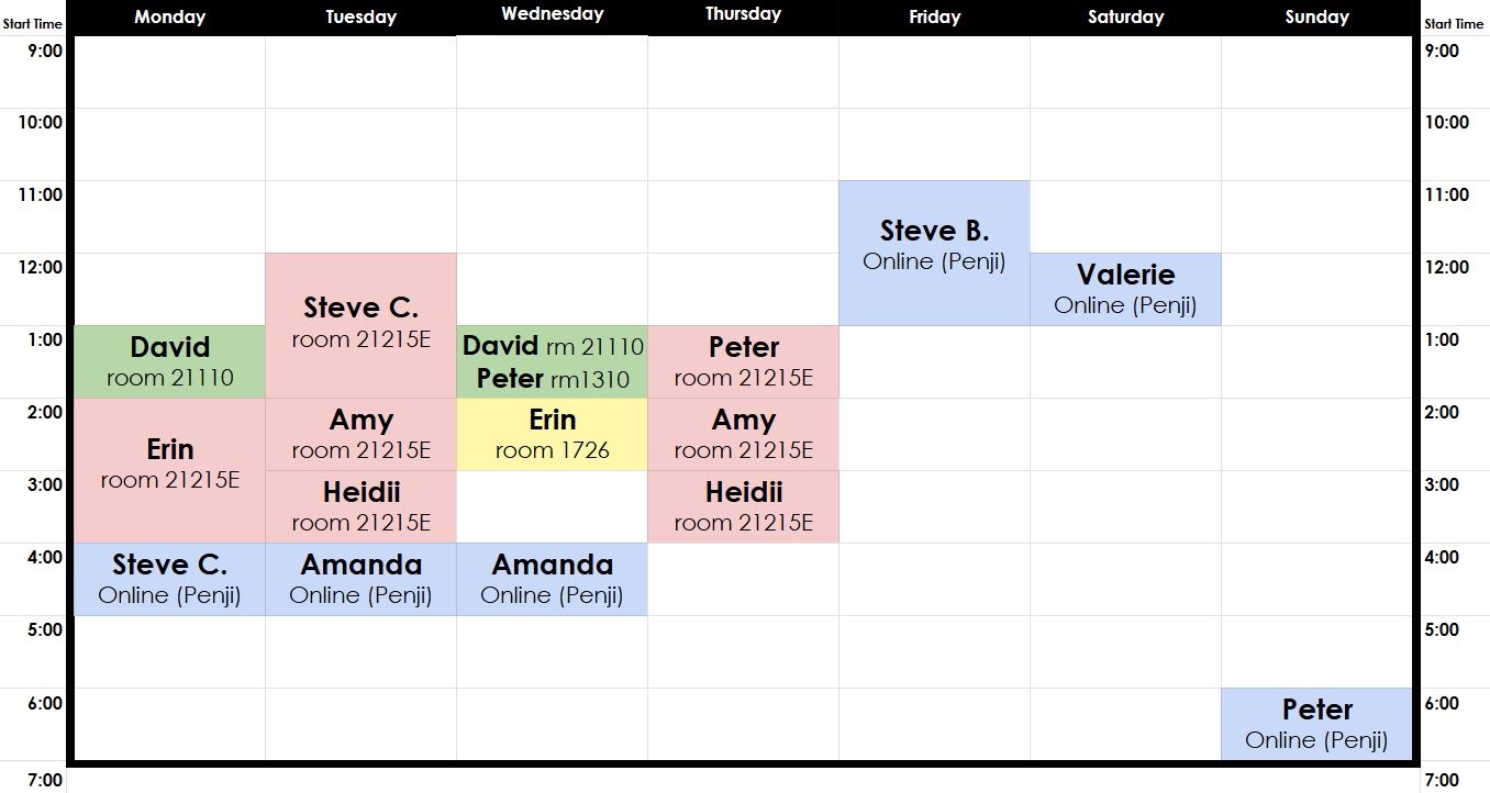 Drop-in Tutoring Schedule