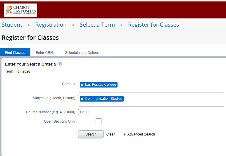 screenshot of MyPortal Registration Dashboard: campus, Las Positas College, Subject: Communication Studies, Course Number: C1000