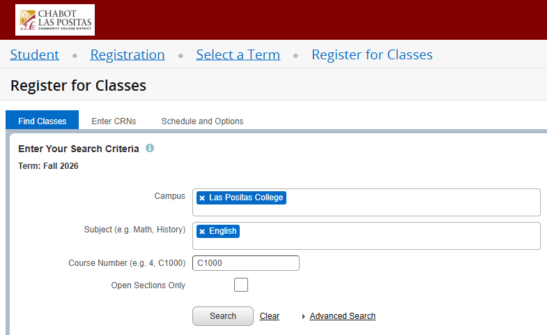 MyPortal Registration Dashboard ENGL C1000 search
