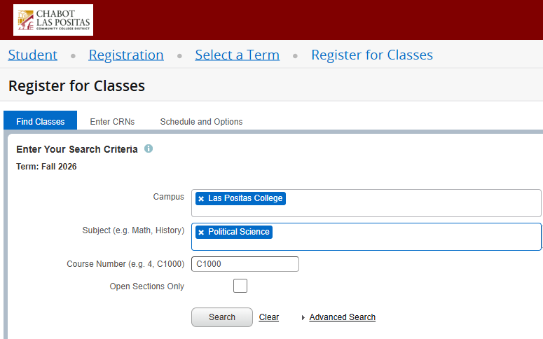 MyPortal Registration Dashboard: POLS C1000 search