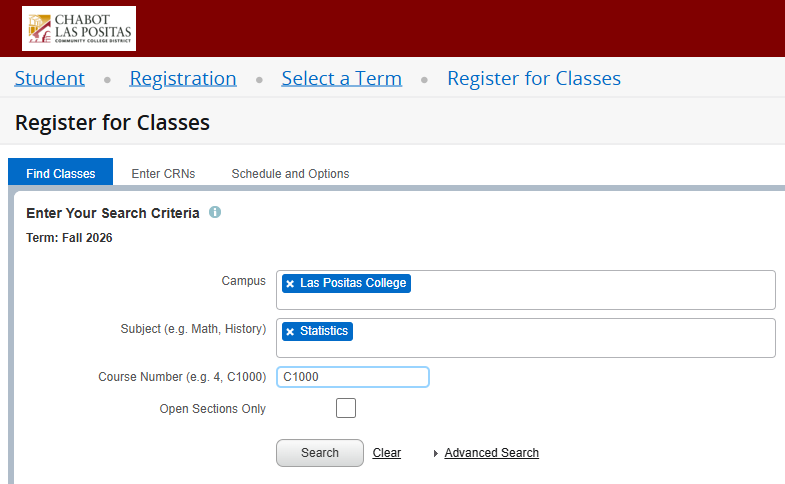MyPortal Registration Dashboard: STAT C1000 search