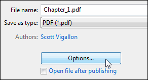 Select PDF as the Save As type, then select Options.