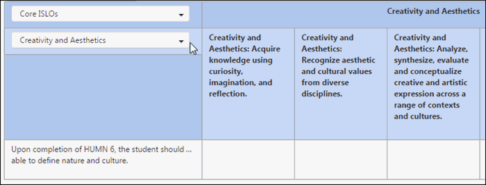 You can also just show one institutional outcome at a time by clicking the drop-down for All Categories and choosing one of the five ISLOs. 