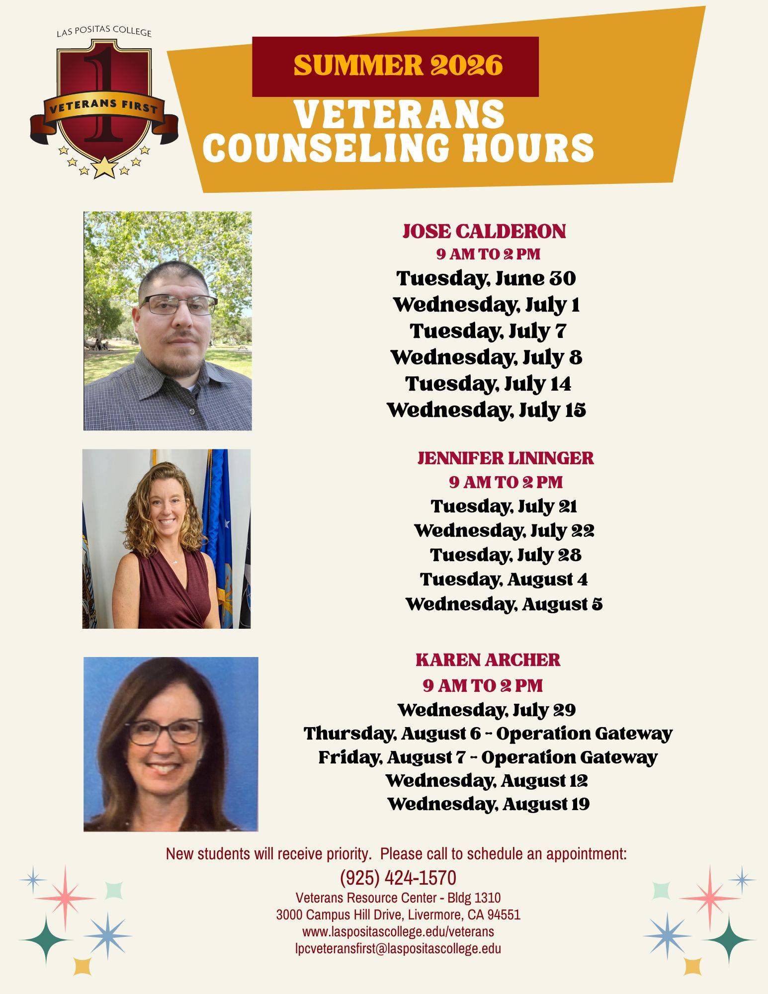 Veterans Counseling Schedule Summer 2026