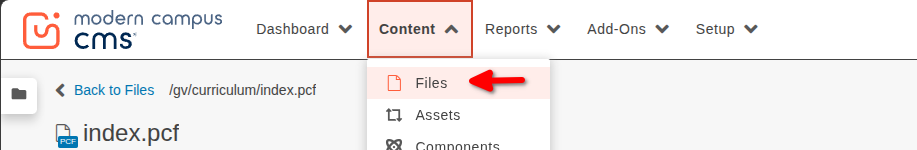 open the Content menu at the top of the page and select Files.